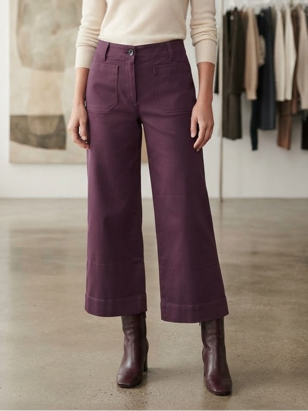 Quince Plum Crop Wide Leg Pants with Front Pockets / Size 10